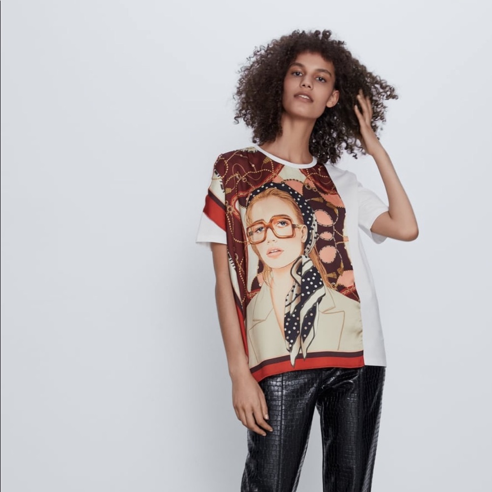 Short sleeve T-shirt with printed scarf front NWT